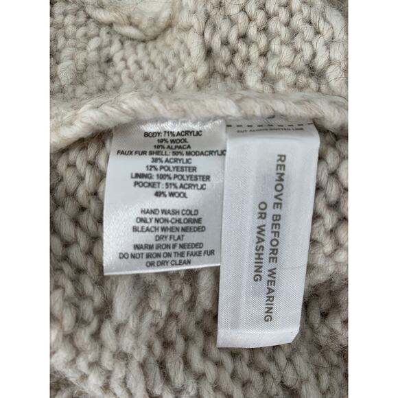 Loft Cable Knit Sweater Vest Wool Blend Faux Fur Collar Zip Up Pockets Brown M - Picture 5 of 6